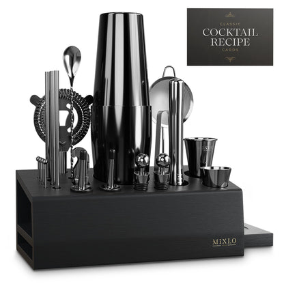 MIXLO HOME Mixology Bartender Kit - 22Pcs Bar Set Cocktail Shaker Set w Black Bar Cart Accessories Stand - Shakers Bartending Gun Metal Black Tools, 24oz Shaker, 17 Recipe Cards, Martini Barware
