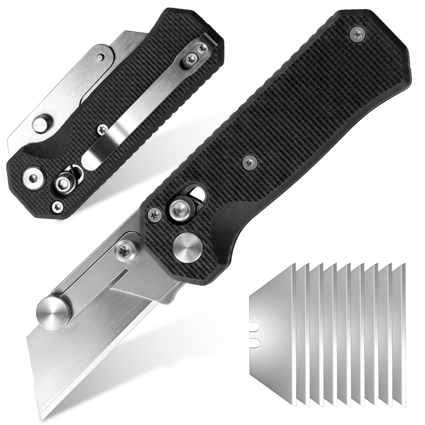 Folding Utility Knife for Men Women, Quick Change Box Cutter with 10Pcs SK5 Replaceable Blades, EDC Razor Knife for Cartons, Cardboard, Boxes, Christmas Stocking Stuffers Gifts for Men Husband Women （Black）