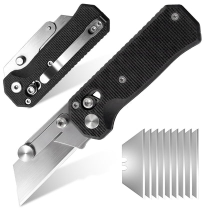 Folding Utility Knife for Men Women, Quick Change Box Cutter with 10Pcs SK5 Replaceable Blades, EDC Razor Knife for Cartons, Cardboard, Boxes, Christmas Stocking Stuffers Gifts for Men Husband Women （Black）