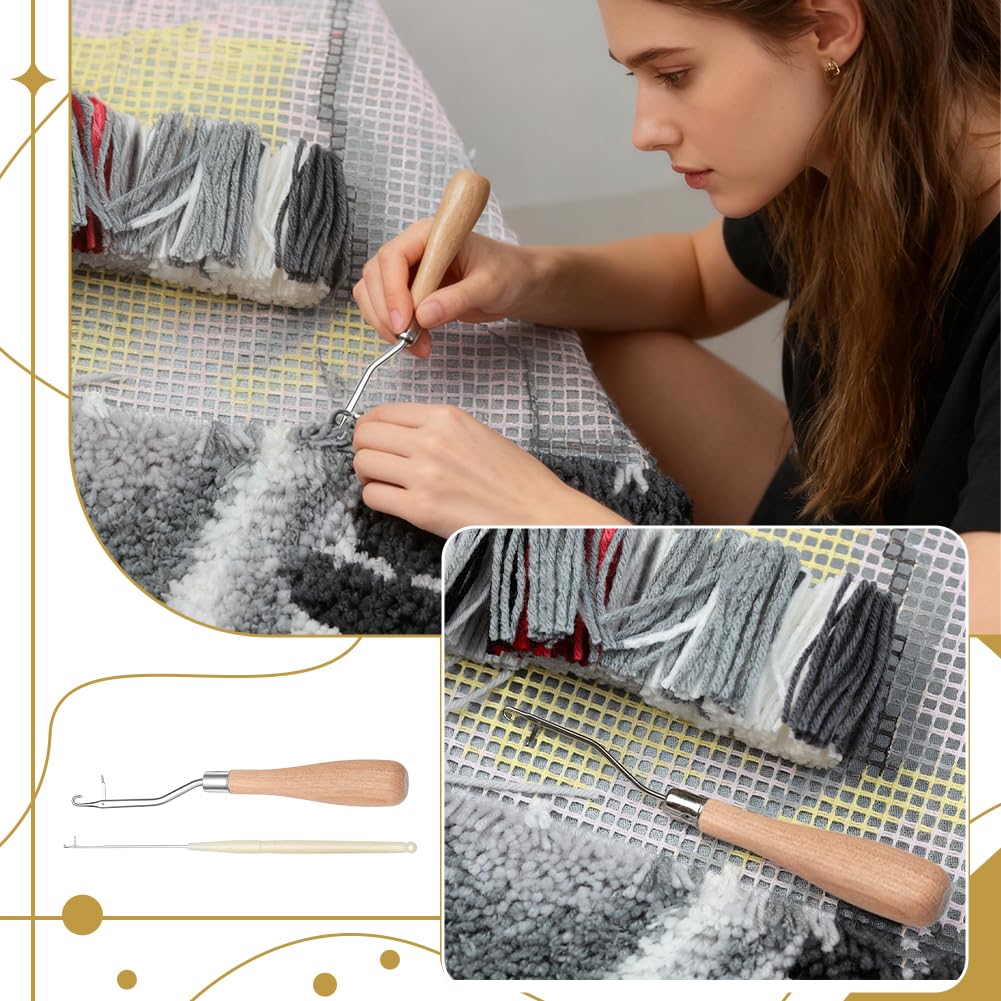 INTERWARM 26 Pcs Latch Hook Tools, 24pcs 6.5Inch Wooden Handle Latch Hook Tool and 2pc 6.2Inch Ultra-Fine Crochet Hooks Crochet Needle Knitting Tool with Tongue Crochet for Rug Making and Art Crafts