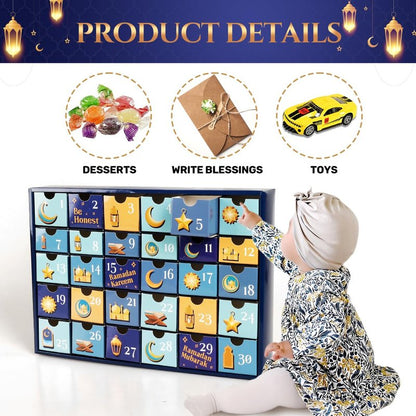 MOVINPE Ramdan Calendar with Drawers 2026 Ramadan Gifts for Kids, 30 Pre-Assembled Empty Boxes Eid Mubarak Coutdown Calendar Fillable Islamic Art Gift Box, Ramadan Party Supplies (Blue)