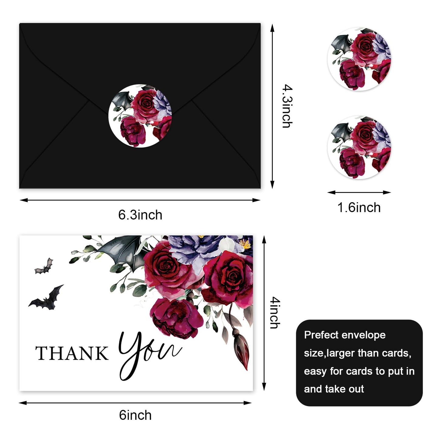 Whaline 36Pcs Halloween Thank You Cards with Envelopes Stickers Blood Red Flower Bat Greeting Cards Blank Note Card for Halloween Birthday Wedding Party Supplies