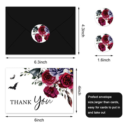 Whaline 36Pcs Halloween Thank You Cards with Envelopes Stickers Blood Red Flower Bat Greeting Cards Blank Note Card for Halloween Birthday Wedding Party Supplies