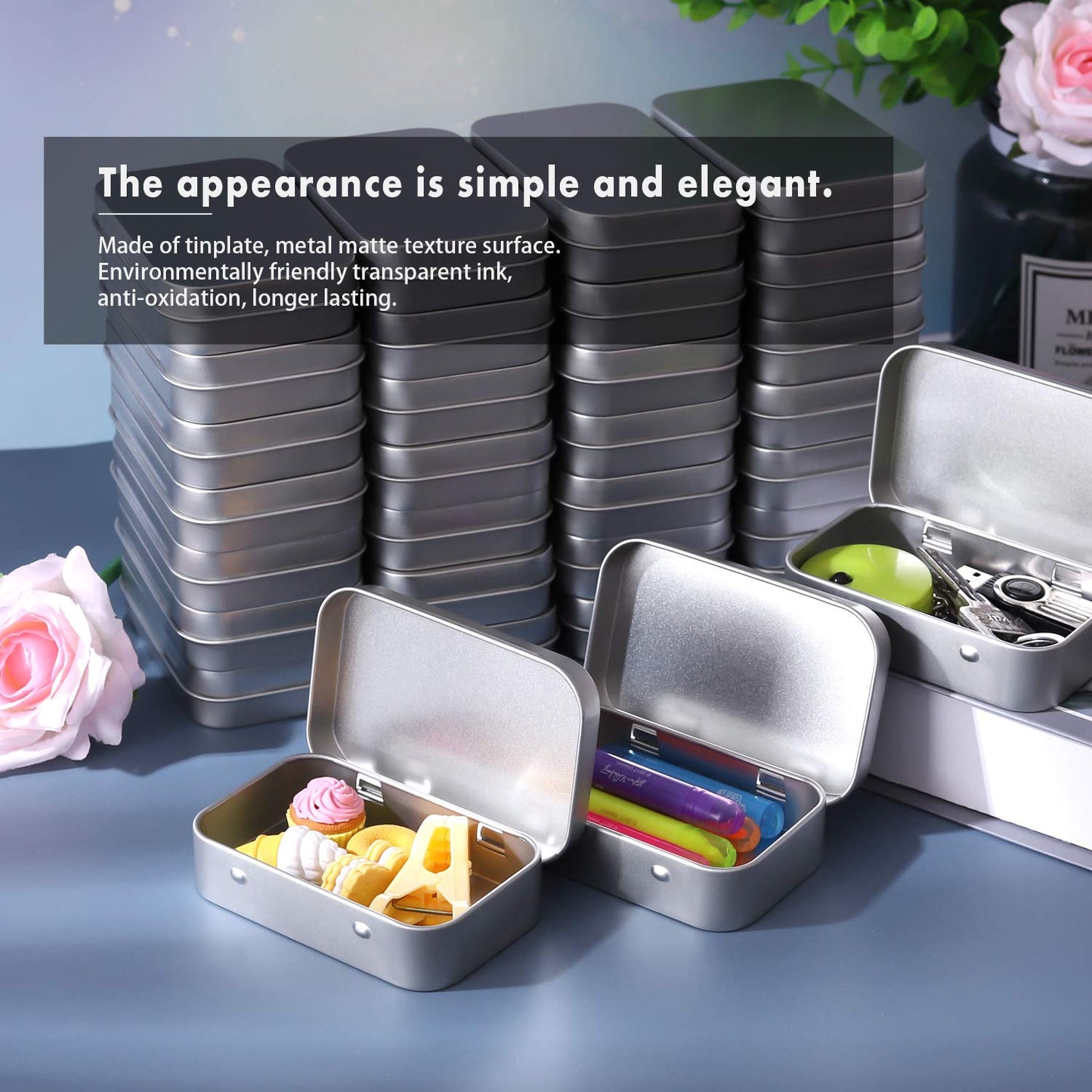 Tamicy Metal Rectangular Empty Hinged Tins - Pack of 40 Silver Mini Portable Box Small Storage Kit & Home Organizer with lids craft containers 3-1/2''X2-1/2''X4/5''