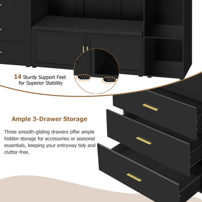 Amposei 94.49’’W Extra Large Hall Tree Cabinet with 6 Doors & 3 Drawers, Tall Entryway Organizer Shoe Storage Bench with 4 Coat Hooks & 6 Open Cubbies for Hallway Mudroom Living Room, Black