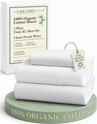 LANE LINEN 100% Organic Cotton Twin XL Sheet Set - 3-Piece Soft Percale Bedding in White, Breathable & Deep-Fit