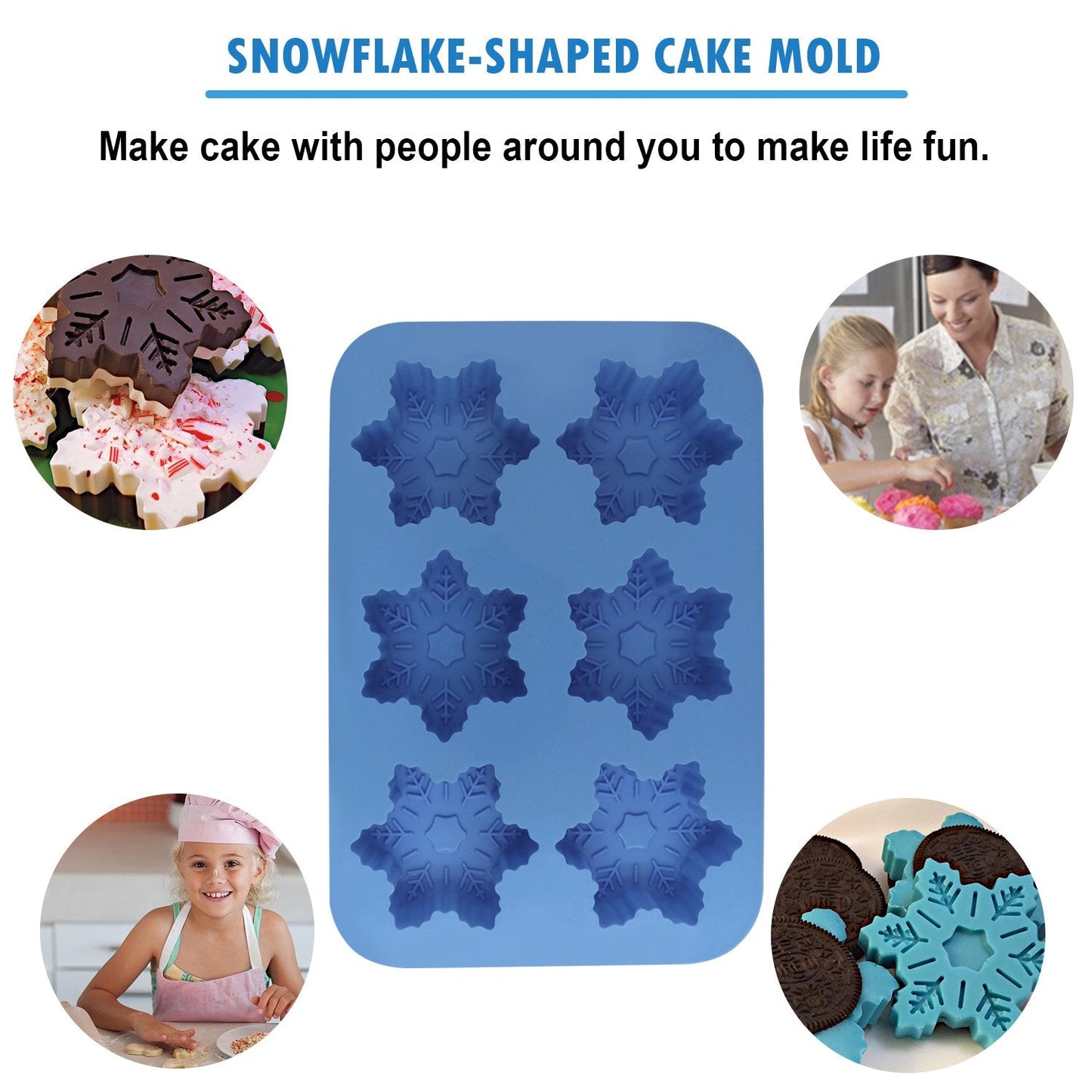 Silicone Snowflake Molds, FineGood 2 Pack Cake Pans Cookie Trays Handmade Soap Making Moulds, Also for Chocolate Pudding Jelly Muffin Cups Kitchen Baking Decoration, 6-Cavity - Blue, Purple