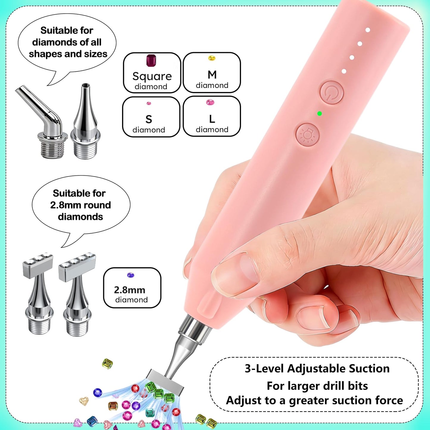 Electric Diamond Painting Pen with Light, Cordless Diamond Art Vacuum Pen no Wax Needed, Rechargeable Diamond Art Pen, Steel Screw Multi-placer, 3-Speed, Diamond Art Accessories with Cutter (Pink)