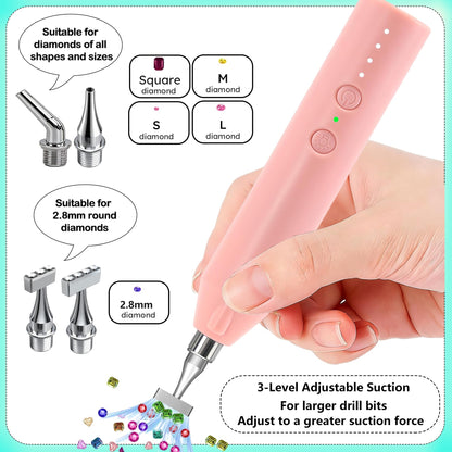 Electric Diamond Painting Pen with Light, Cordless Diamond Art Vacuum Pen no Wax Needed, Rechargeable Diamond Art Pen, Steel Screw Multi-placer, 3-Speed, Diamond Art Accessories with Cutter (Pink)