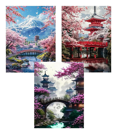 Diamond Art Kits for Adults - 3 Pack Sakura Landscape 5D Diamond Painting Kits for Beginner,DIY Mount Fuji Gem Art Full Drill Diamond Dots Crystal Craft Kits for Home Wall Decor Gifts 12x16inch