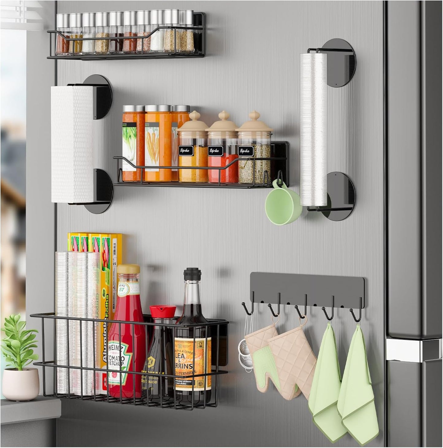6 Pack Minicloss Magnetic Spice Rack for Refrigerator - Magnetic Spice Rack with Magnetic Basket & Paper Towel Holder