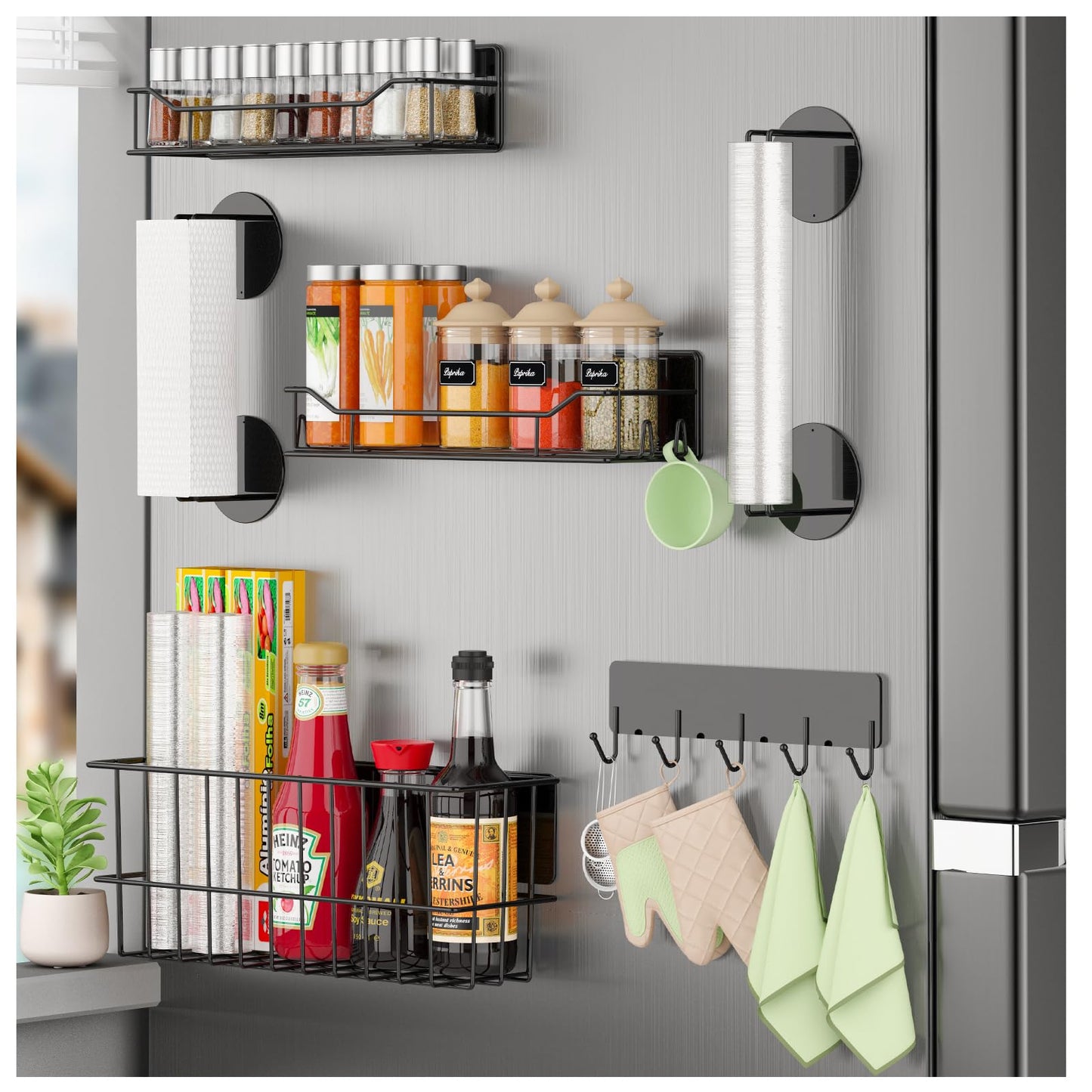 Minicloss Magnetic Spice Rack for Refrigerator - 6 Pack Magnetic Spice Rack with Magnetic Basket & Paper Towel Holder, Strong Magnetic Storage Organizer for Kitchen, Black
