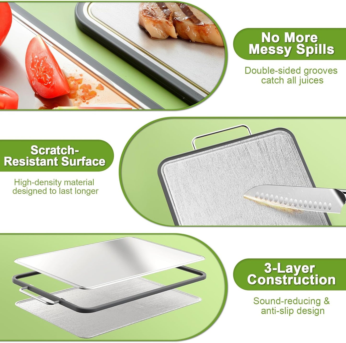 Stainless Steel Cutting Board - 17" x 11" Heavy-Duty Chopping Board with Juice Grooves | Non-Slip & Dishwasher Safe