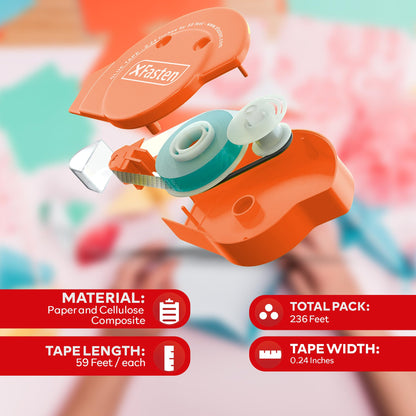 XFasten Glue Tape for Scrapbooking, 6mm x 59ft (2X Longer Than Average Rollers), 4-Pack, Scrapbook Tape Paper Safe Double Sided Tape Roller, Adhesive Tape Runner for Scrapbooking Supplies