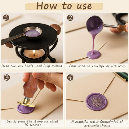 Wax Seal Stamp Kit，Sealing Wax Beads in 24 Colors、21pcs Sealing Wax Stamp Heads with Wooden Handle，Heater, Candle，Perfect for Wedding Invitations,Envelopes