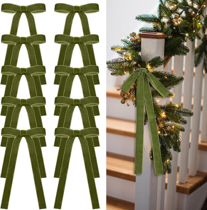 Skiennix 24 Pcs Velvet Bows - Vintage Ribbon Bows for Christmas Tree & Crafts | Moss Green, 9 x 13 Inch