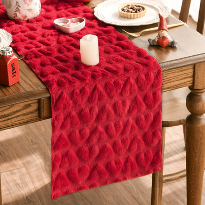 13x72 Inch Artoid Mode Red Soft Plush Faux Fur Jacquard Heart Valentine's Day Table Runner, Seasonal Kitchen Dining