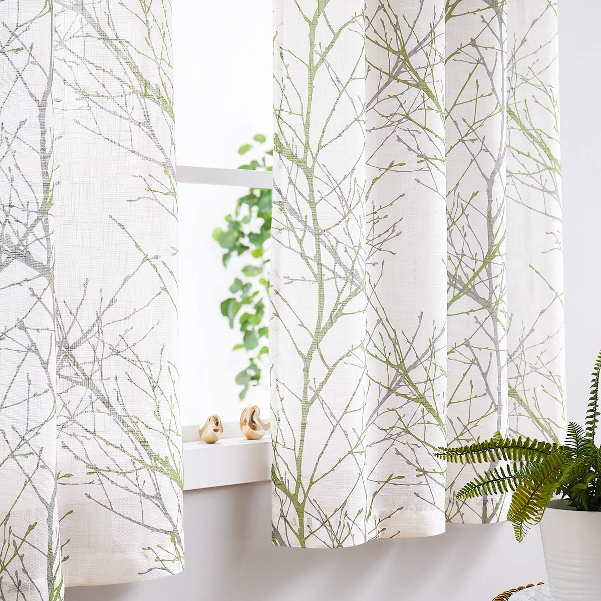 FMFUNCTEX Sage Green Kitchen Curtains, Semi Sheer Linen Tiers for Bathroom, Cafe, 24 Inch Length, 2 Panels