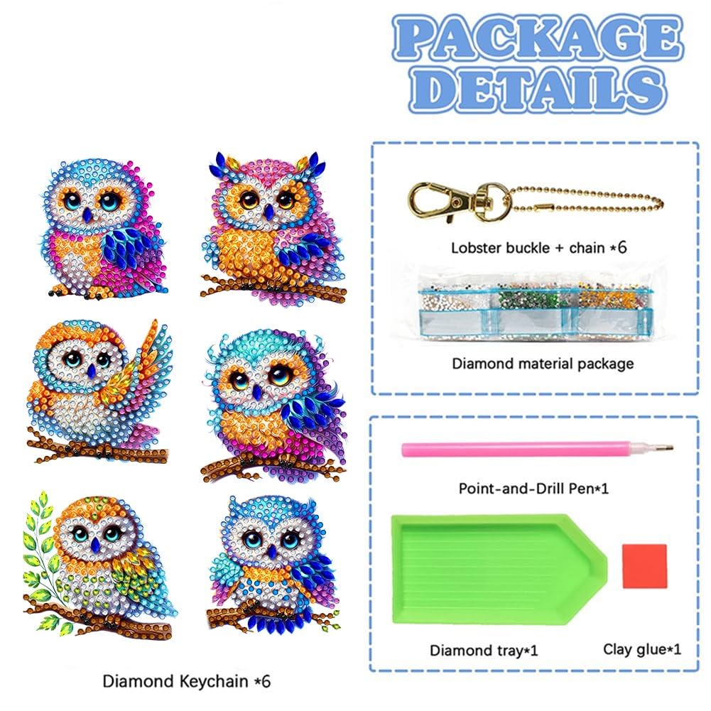 YUE ZHE 6 PCS Owl Diamond Painting Keychains Owl Diamond Art Kits for Adults Double Sided DIY 5D Painting for Adults Beginners DIY Crafts Decor