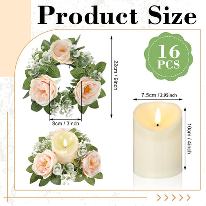Yunlly 16 Set Rose Candle Rings Wreaths 3 Inch Center with Flameless LED Candles Artificial Rose Light Garland Fake Electric Votive Tealights Bulk Funeral Wedding Table Centerpieces Decor(Champagne)