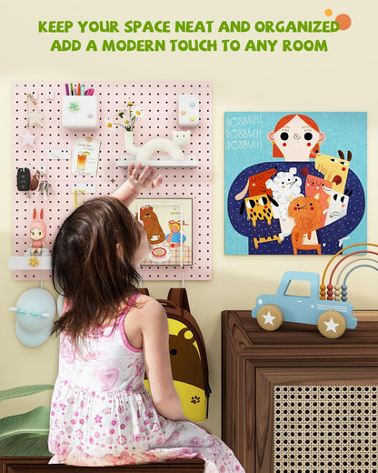 Soubeoii Metal Pegboard Combination Kit — 4 Carbon Steel Pegboards with 26 Accessories, Pegboard Wall Organizer for Home, Office, Study Room, Kitchen, Garage & Craft Room — 24″ × 24″ Pink Peg Board