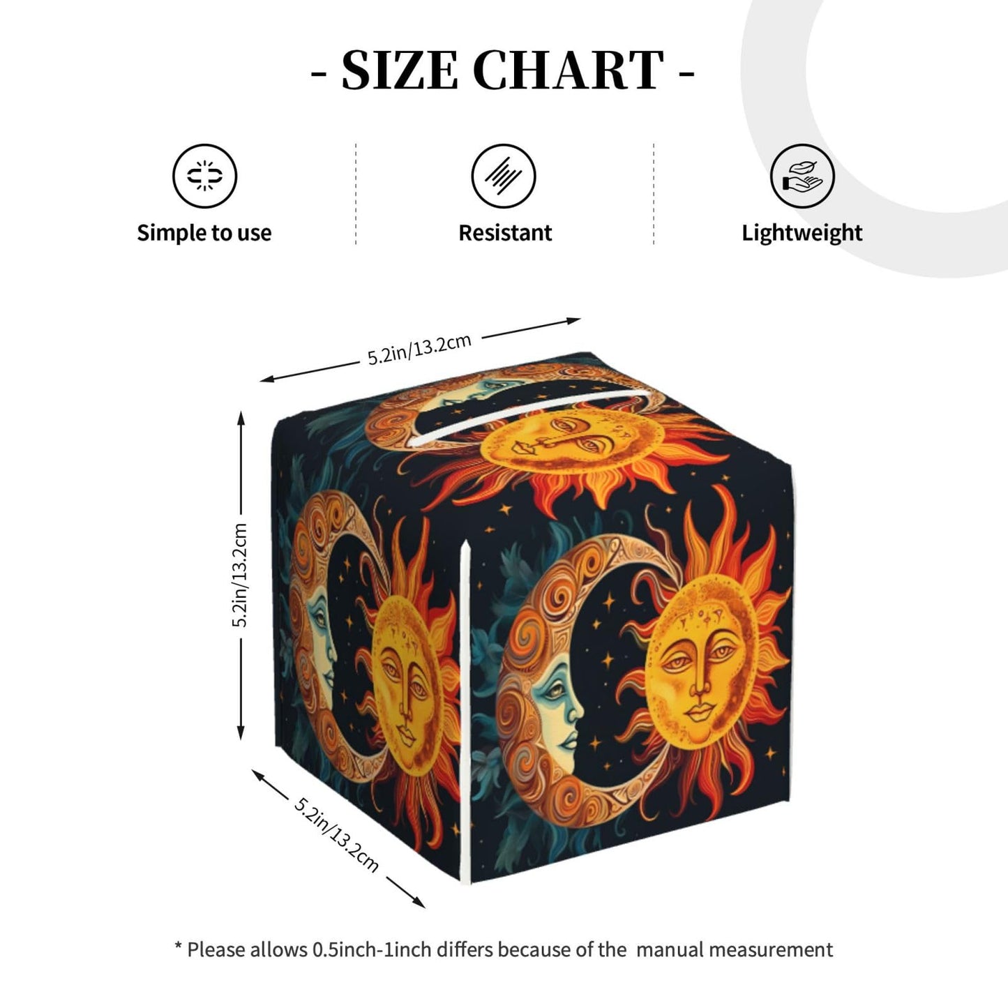 Square Tissue Boxes 5.2"x5.2"x5.2", Sun Moon Stars Tissue Holder Decor for Home/Car/Office