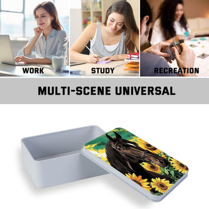 VACGBJPG Metal Tin Box with Lid for Game Cards Home Organizer Candles Keys Crafts Storage - Equipped with 4 Magnetic Cord Clips，Horses and Sunflowers