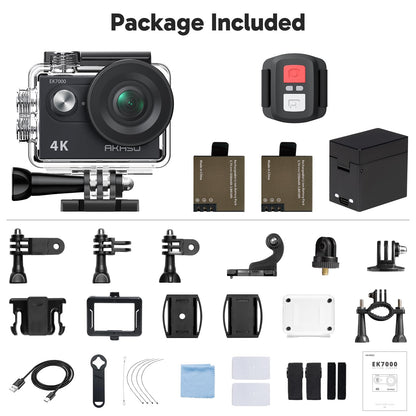 AKASO EK7000 4K30FPS 20MP WiFi Action Camera with EIS Ultra HD 131FT Waterproof Underwater Camera Remote Control 4X Zoom Support External Microphone Black