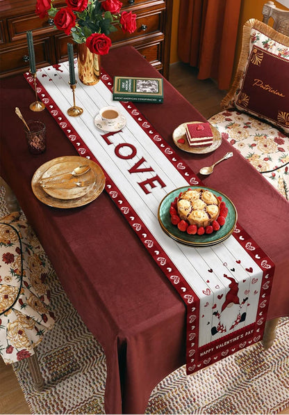 Valentine's Day Table Runner 70 Inches Long, Gnomes and Love Hearts on Wood Grain with Red Lattice Border