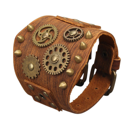 GelConnie Brown Leather Cuff Bracelet for Men Steampunk Gear Studded Wristband Punk Vintage Bracelet Adjustable Jewelry Gift