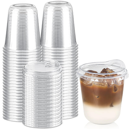 Qeirudu 12 Oz Round Bottom Clear Plastic Cups with Strawless Sip Lids, 50 Pack Disposable Iced Coffee Cups To Go Cups for Cold Drinks, Smoothie, Juice, Milkshake
