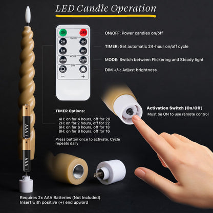 WYZworks 10" Flameless LED Taper Candles – Full Twisted Spiral – Light Tan, Set of 6 – Remote, 2/4/6/8-Hr Timer (24-hr Memory), Bottom On/Off Button, Dimmable, Battery Operated, Flicker/Steady