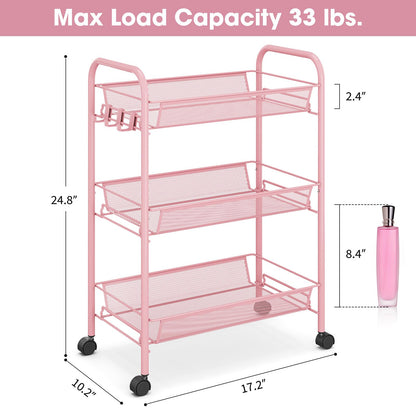 TOOLF 3 Tier Rolling Cart Pink - Metal Storage Organizer with Wheels, 33 lbs Shelf Capacity, Easy 5-Min Assembly, for Girls Room Bathroom Kitchen Office Nursery, Compact Design for Small Spaces, Pink