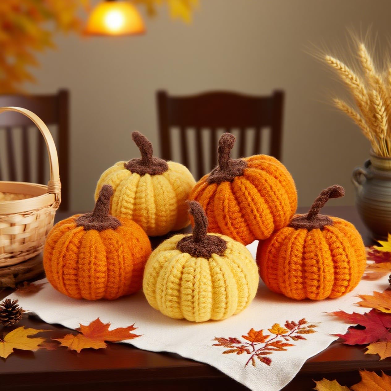 Sahoottie Mini Knit Pumpkins Set of 5, Fall Pumpkins Decor, Autumn Bowl Fillers Fall Farmhouse Tier Tray Decor, Warm Gift for Friend, Thanksgiving Decoration(Mini Autumn Set)
