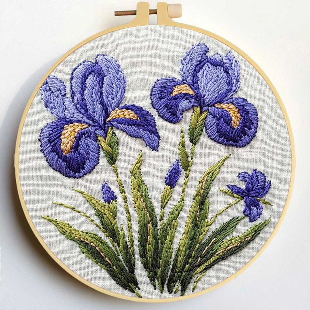 Punch Needle Kits Iris Flowers Embroidery Starter Set with Hoop Easy for Beginners DIY Stress Relief Handmade Craft Hobby and Home Decor 20x20cm