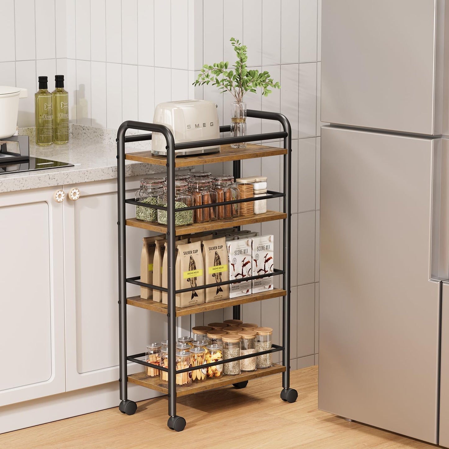 4-Tier 9.1" 4-Tier (9.1" 33.6" Asgolion Slim Storage Cart, Small Rolling Cart with Wheels, Deep, Narrow Bathroom Shelf
