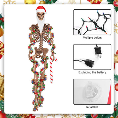 JcHrmers 4 Pcs Christmas 12 ft Skeleton Santa Costume Accessories Including Giant Santa Hat Top Long Beard Inflatable Candy Cane 16.4FT Christmas Tinsel Garland for Xtmas Outdoor Decor