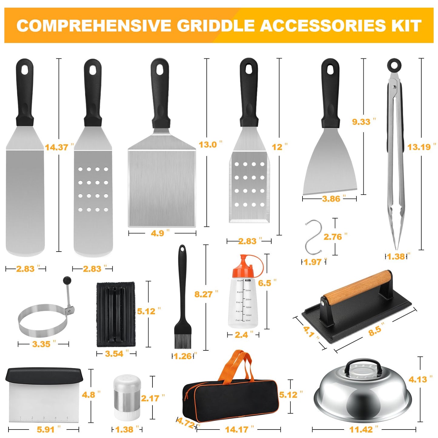 Terlulu Griddle Accessories Kit, 28 PCS Flat Top Grill Accessories for Blackstone and Camp Chef, Metal Spatula Set with Burger Press, Melting Dome, Tongs, Scraper, Carry Bag for Outdoor Grilling BBQ