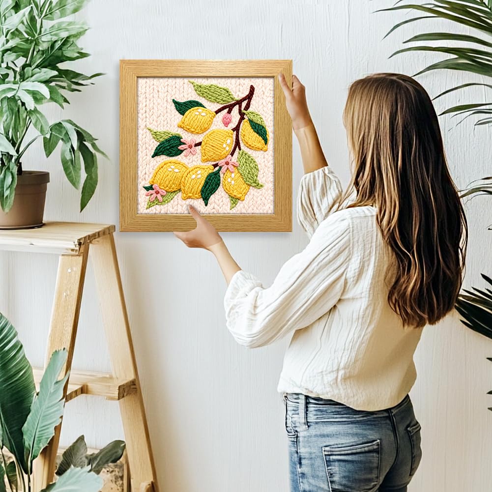 INFUNLY Lemon Flower Punch Needle Embroidery Kits Lemon Branch DIY Punch Needle Kit for Beginners Plant Stamped Rug Yarn Hooking Kit with Pre-Printed Pattern Instruction for Craft Lovers Home Decor