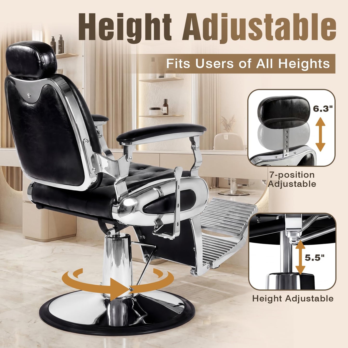 Oakvera Barber Chair, Heavy Duty Vintage Recline Hydraulic Barber Chair with Towel Bar, 360° Swivel All Purpose Professional Salon Chair Barber Shop Beauty Salon Shampoo Equipment, Black and Sliver
