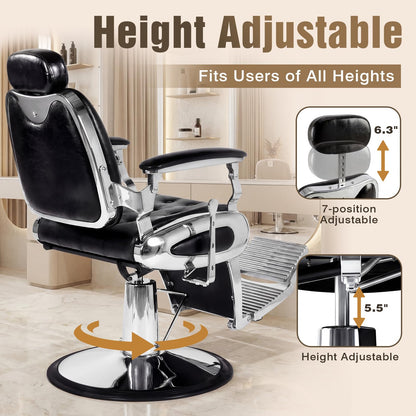 Oakvera Barber Chair, Heavy Duty Vintage Recline Hydraulic Barber Chair with Towel Bar, 360° Swivel All Purpose Professional Salon Chair Barber Shop Beauty Salon Shampoo Equipment, Black and Sliver
