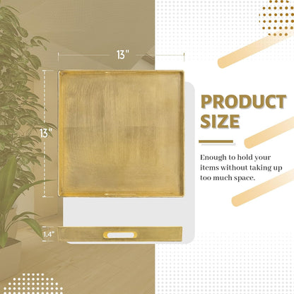 13" 13" 1.6" MAONAME Gold Decorative Tray with Handles, Foil Serving Tray for Ottoman, Square Coffee Table Trays