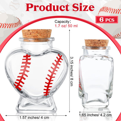 FillTouch 6 Pcs Baseball Dirt Keepsake Jar, 2026 Baseball Senior Night Gifts Dirt Jars, 1.57 x 3.15 Inch 1.7 oz Sports Heart Shaped Glass Bottle with Cork Stoppers for Team Coach Player Party Favors