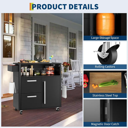 Mobile Outdoor Kitchen Cart - Premium Stainless Steel Prep Table with Single Door & Dual Drawers - Rolling BBQ Station w/ 2 Locking Wheels for Grilling & Serving