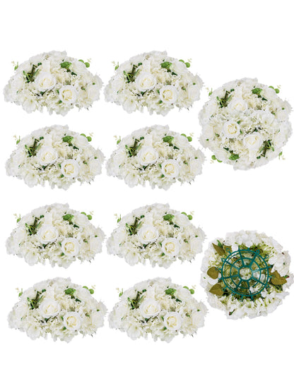 BLOSMON Wedding Flower Centerpieces for Tables: 10 Pcs 15.7" Large White Rose Hydrangea Artificial Flowers Ball Decorations - Faux Silk Floral Bouquet Arrangement for Home Party Event Decor