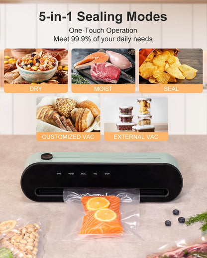 CROWNFUL Vacuum Sealer Machine - Automatic One Touch Food Sealer with Built-in Cutter, 1 Bag Rolls & 5 Bags