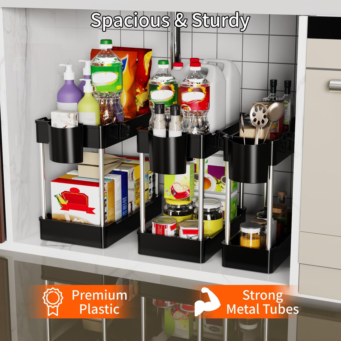 3 Pack Under Sink Organizers and Storage, 2 Tier Bathroom Cabinet Organizer Shelf with Hanging Cups for Kitchen & Bathroom (White)