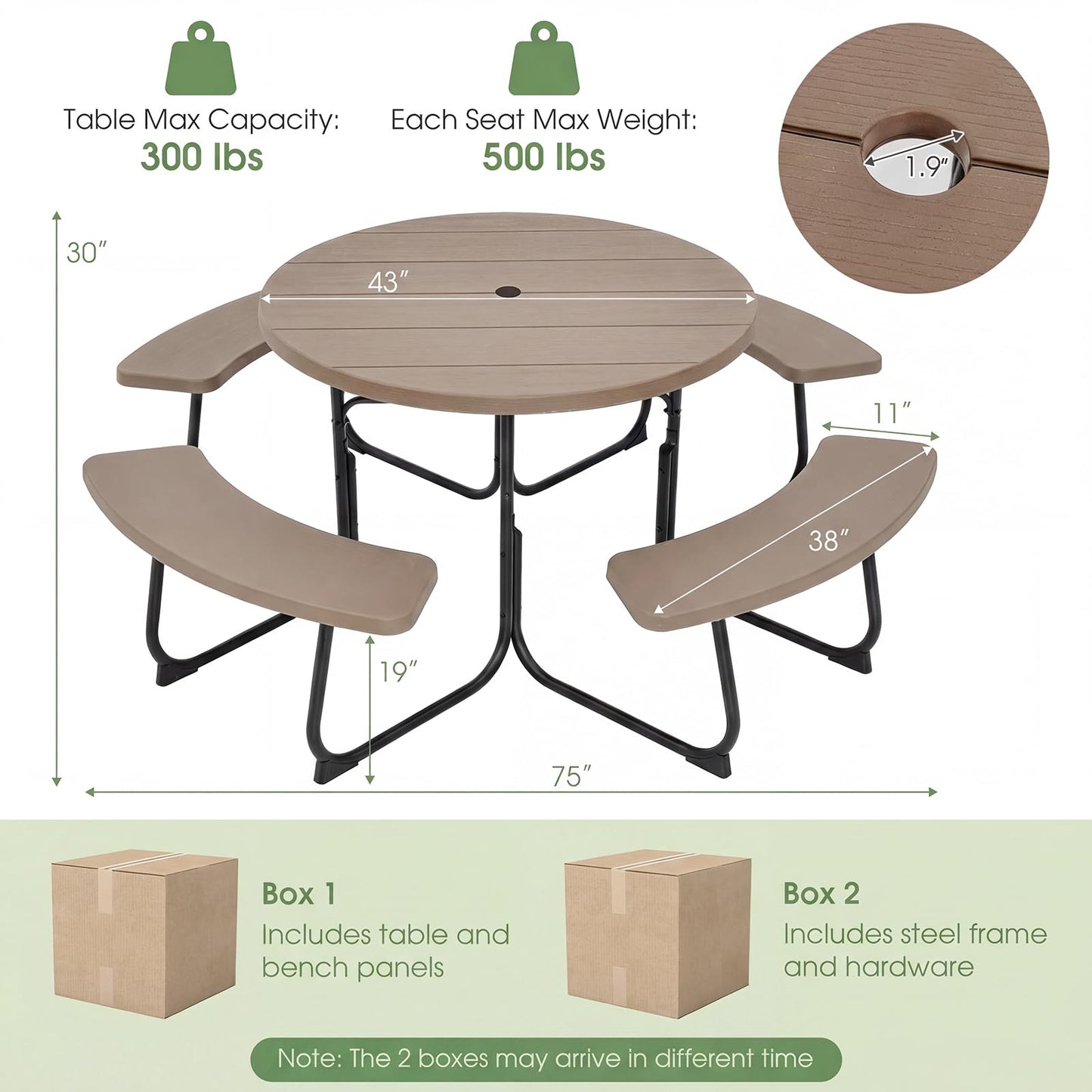 Tangkula 8 Person Picnic Table, Outdoor Round Picnic Table with 4 Built-in Benches, Umbrella Hole, Metal Frame & HDPE Tabletop, Outside Table and Bench Set for Backyard, 2300lbs Weight Capacity