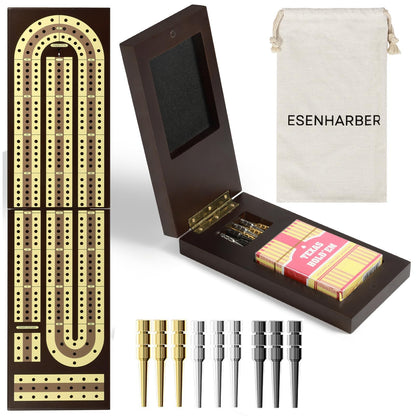 ESENHARBER Foldable Wooden Cribbage Board Set - Elegant 3-Track Design with Magnetic Closure, 9 Metal Pegs, Full Deck of Cards, Perfect for Family Game Nights and Travel