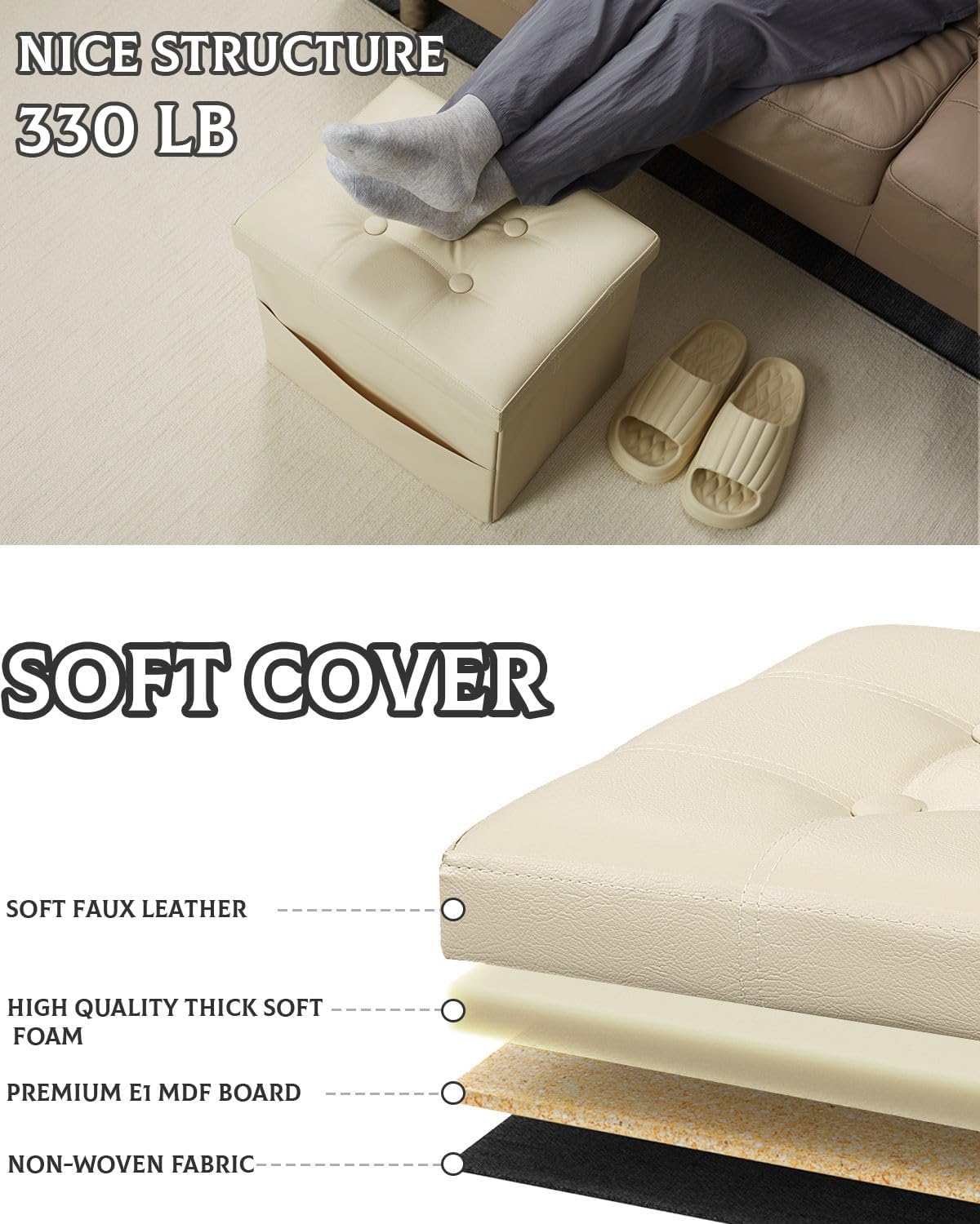 17 Inches Ottoman with Storage Foot Stool, Folding Storage Ottoman, Leather Upholstered Ottomans Foot Rest with Side